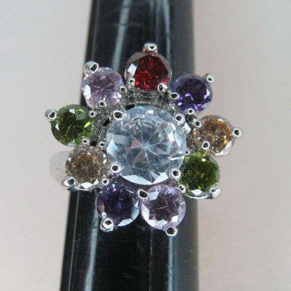 Multi Color Crystal Rainbow Flower Cocktail Ring - Picture 11 of 11
